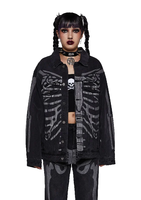 Flowy Fabric Don't Panic Skeleton Denim Jacket