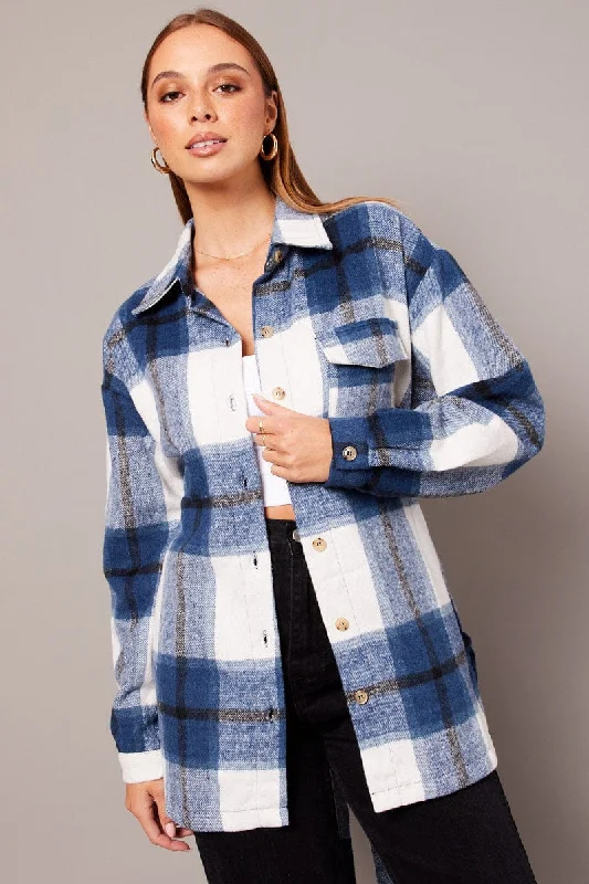 Special Occasion Wear Blue Check Shacket Long Sleeve