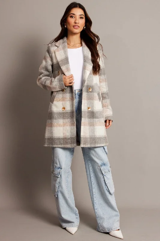 Casual Chic Grey Check Coat Long Sleeve