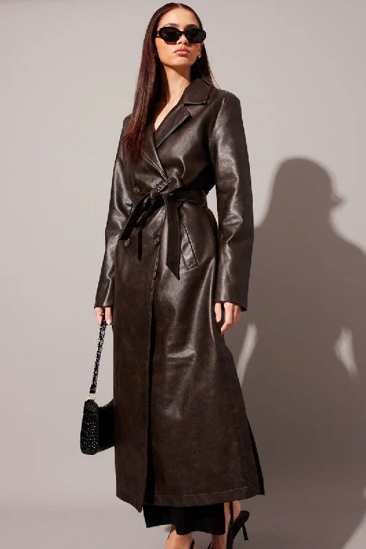 Seasonal Trend Brown Trench Coat Long Sleeves Faux Leather