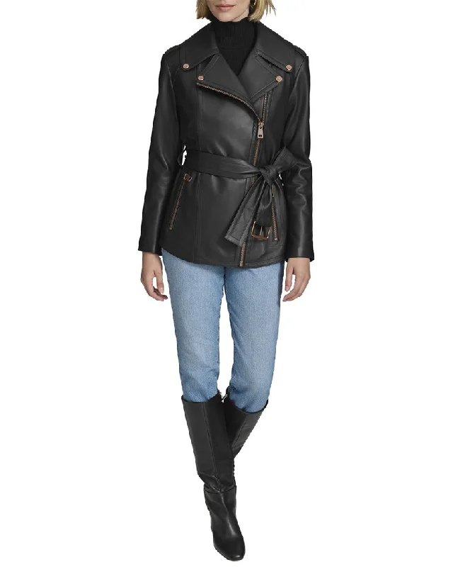 Update With Cottagecore Styles Andrew Marc Black Label Delphine Belted Leather Moto Jacket