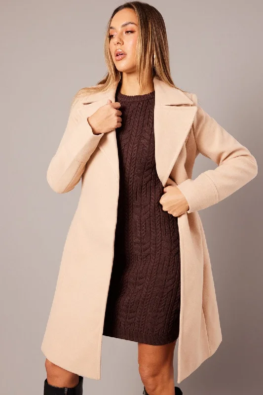 Luxury Fashion for Women Beige Tie Front Coat Knee Length