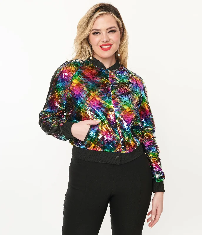 Feminine Soft - Hued Look Unique Vintage Rainbow Sequin Satin Bomber Jacket