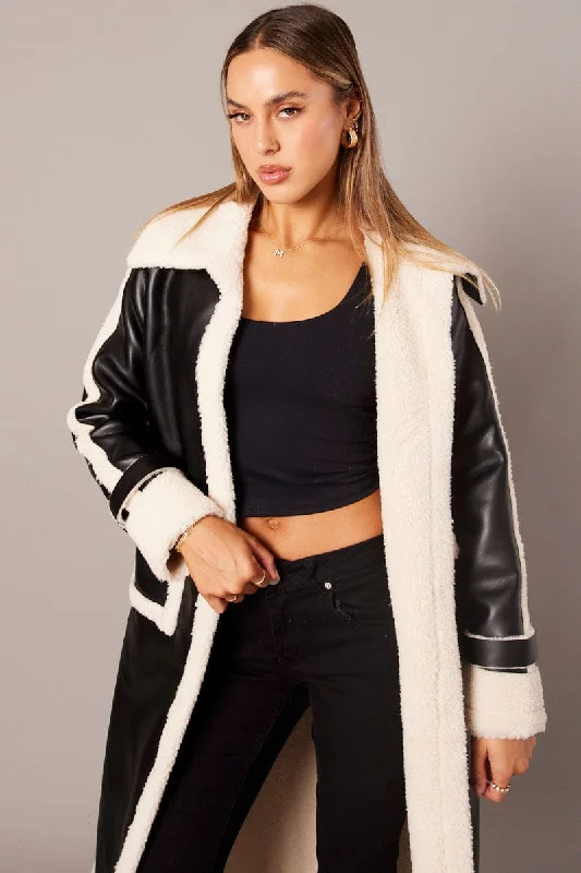 Effortless Style Black Long Coat Shearling Lined Faux Leather