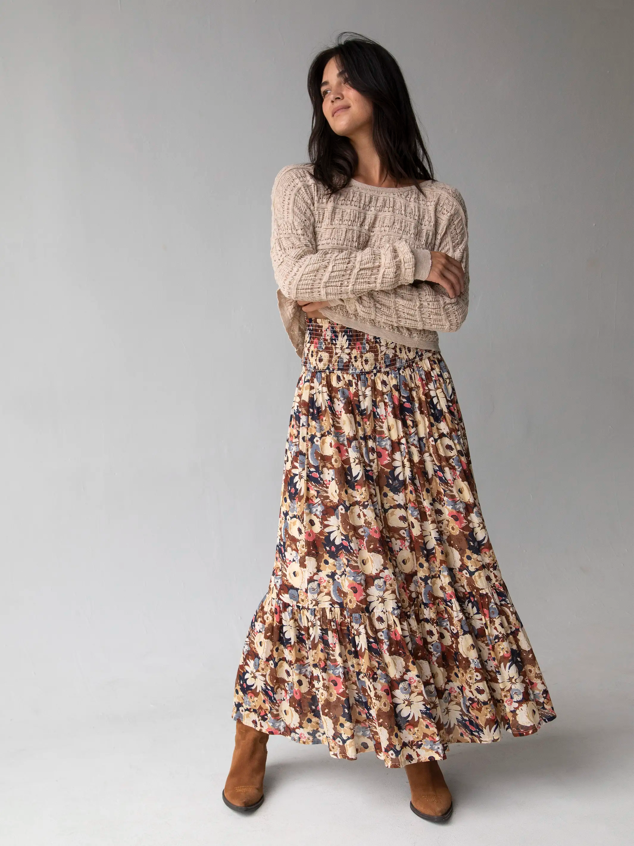 Modern Romance Flora Cotton Convertible Maxi Skirt - Brown Navy Floral