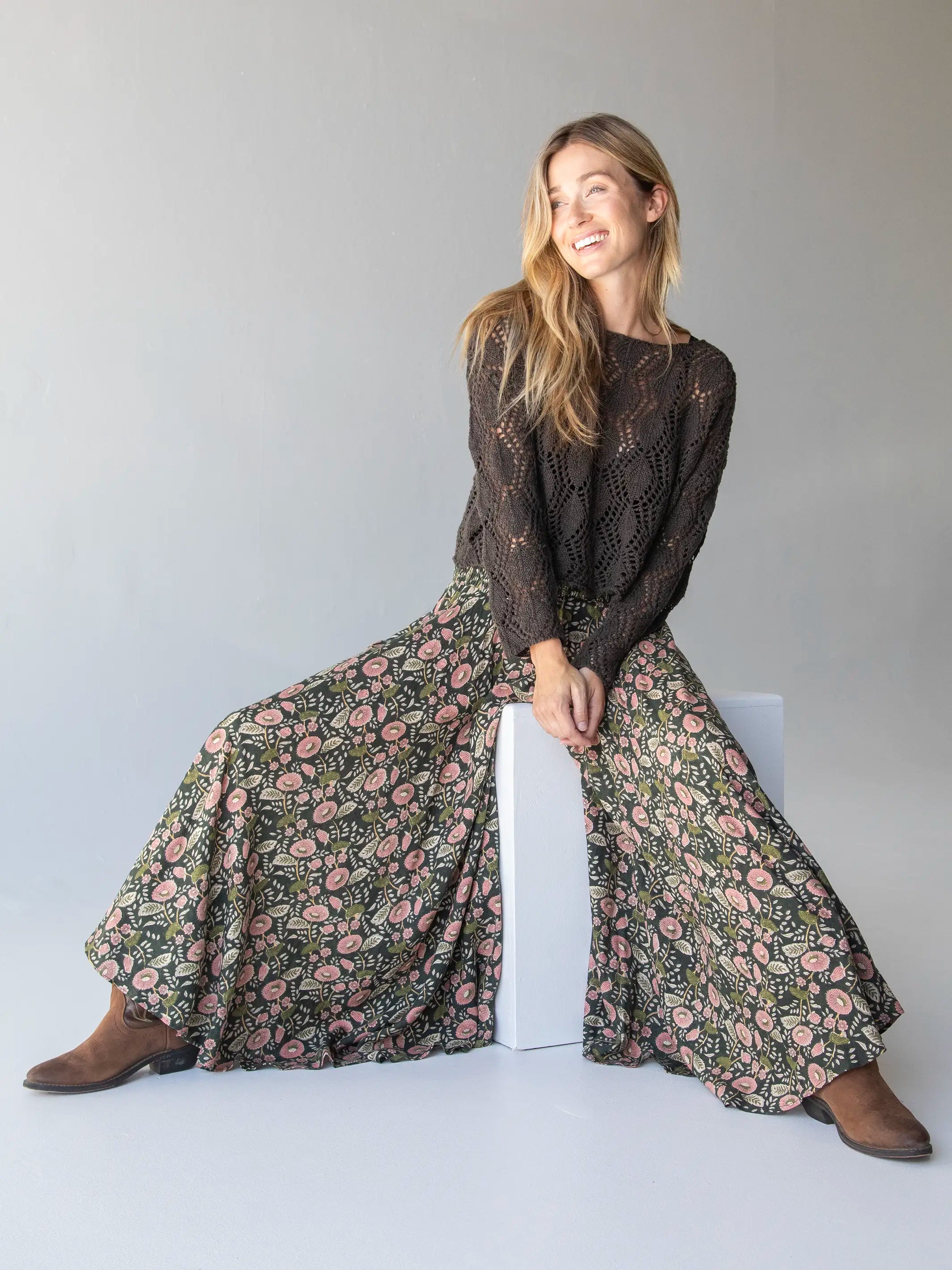 Limited Stock Wanderlust Palazzo Pant - Dark Green Pink Floral Vines