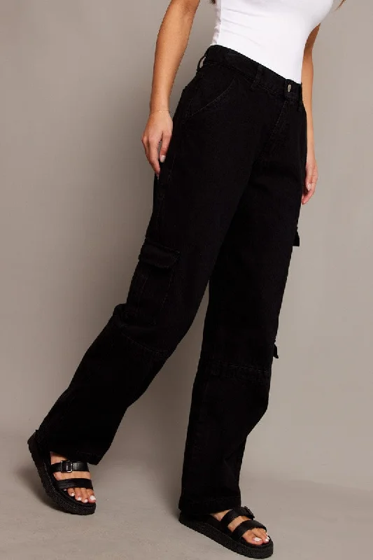 Elegant Clothing Black Cargo Jean Mid Rise