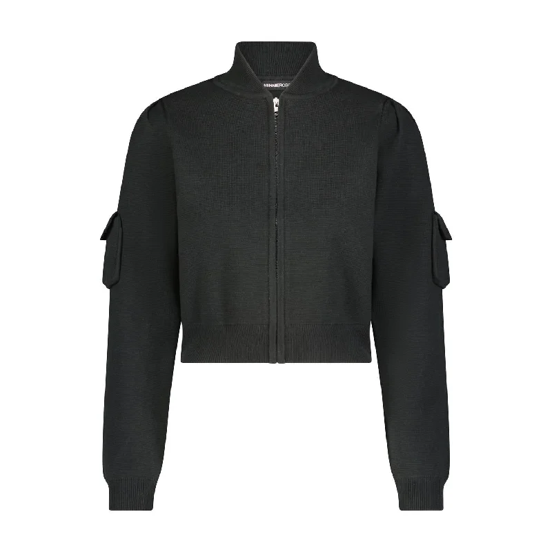 Chic Styles Cotton Blend Crop Bomber Jacket In Black Onyx