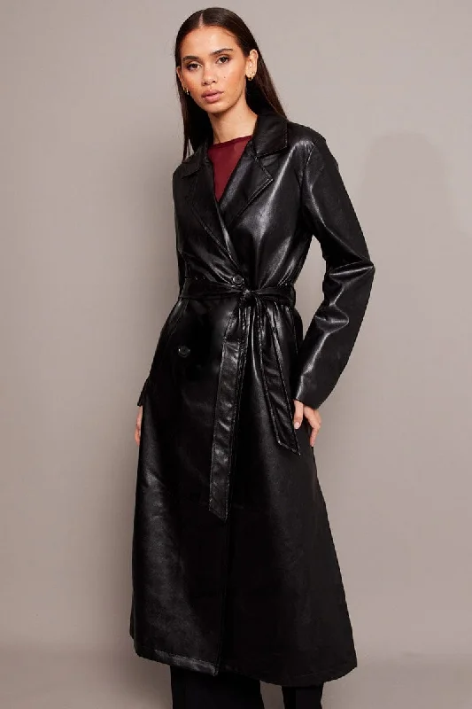 Stylish Looks Black Trench Coat Long Sleeves Faux Leather