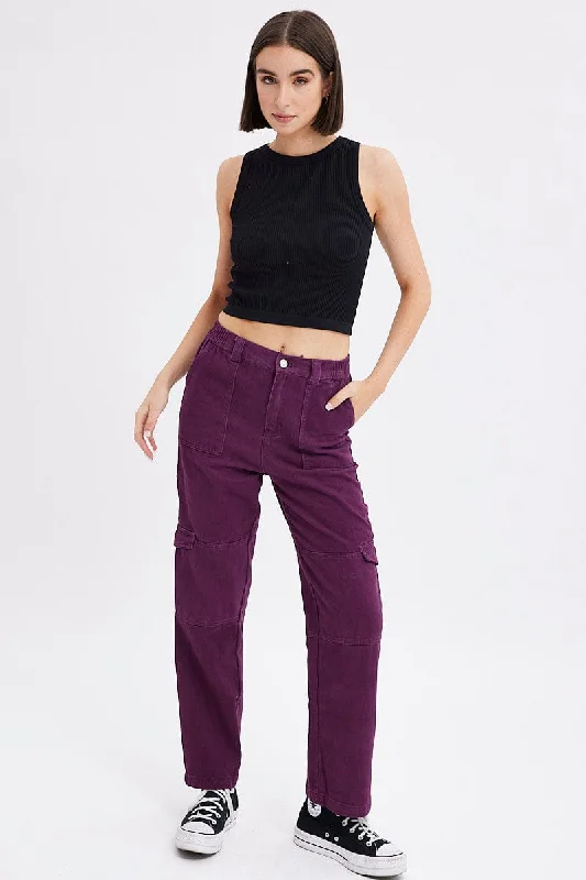 Style Your Wardrobe Purple Cargo Jeans Straight Back Elastic Waist