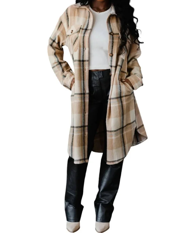 Weekend Special Plaid Long Flannel Jacket In Tan/black/beige/grey