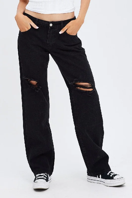 Casual Chic Black Straight Jeans Low Rise