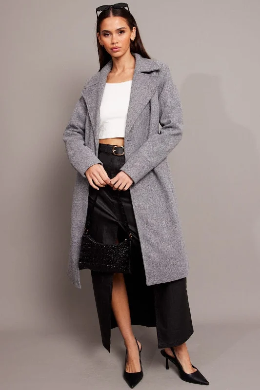 Final Clearance Grey Tie Front Coat Knee Length