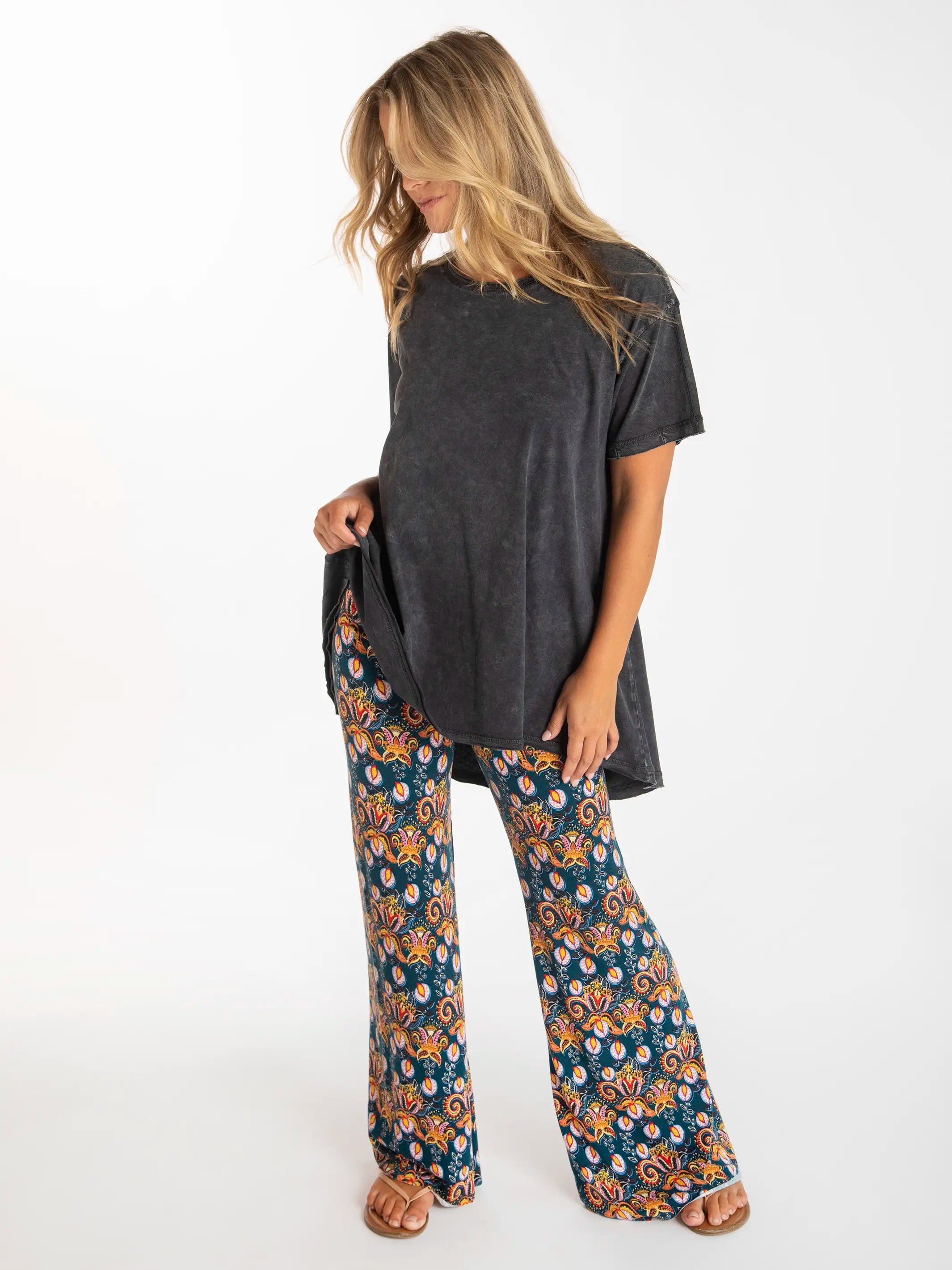 Effortless Sophistication Cali Knit Flare Pant - Teal Orange Paisley