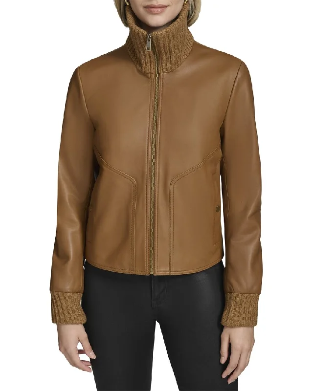 Elegant Style Andrew Marc Black Label Beatrix Rib-Knit Trimmed Leather Jacket