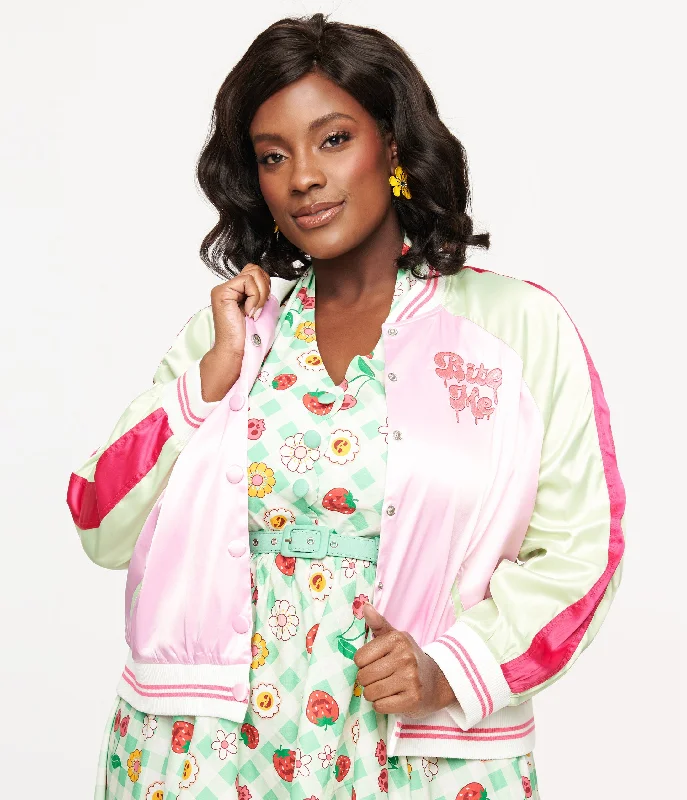 Special Occasion Wear Unique Vintage Plus Size Pink & Green Bite Me Satin Bomber Jacket