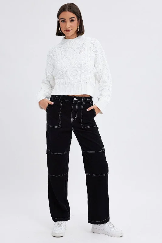 Artful Design Black Cargo Jeans Straight Back Elastic Waist