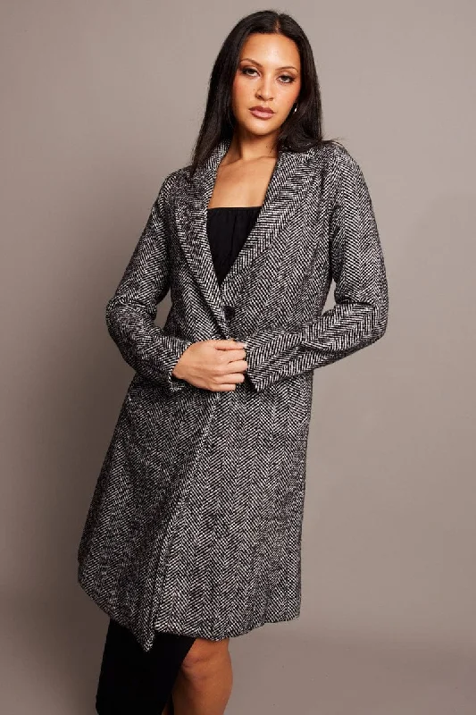 Minimalist Chic Black Check One Button Coatd Long Sleeve