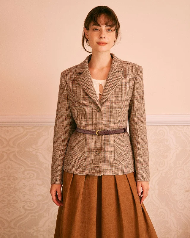 Great Prices On Feminine Styles The Khaki Lapel Plaid Single Breasted Blazer