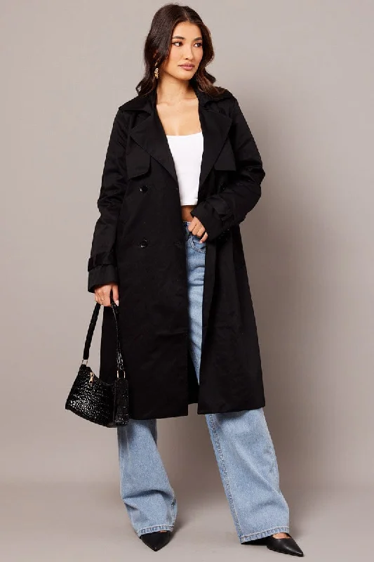 Women's Urban Fashion Black Trench Coat Long Sleeves Cotton