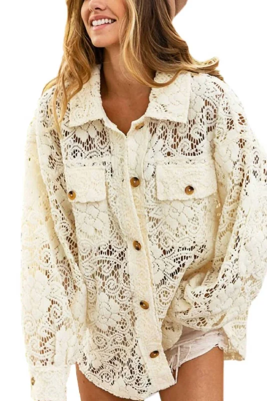 Parisian Effortless Chic Style Oversized Lace Shacket In Natural