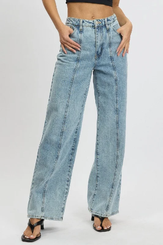 Elegant Style Denim Wide Leg Jean Mid Rise