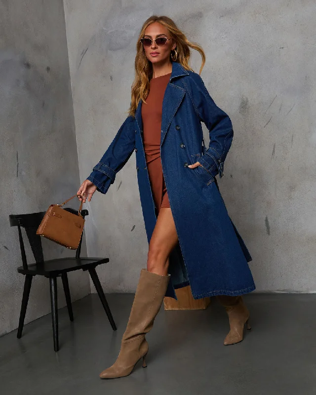 Chic And Edgy Spiced Pear Belted Denim Trench Coat