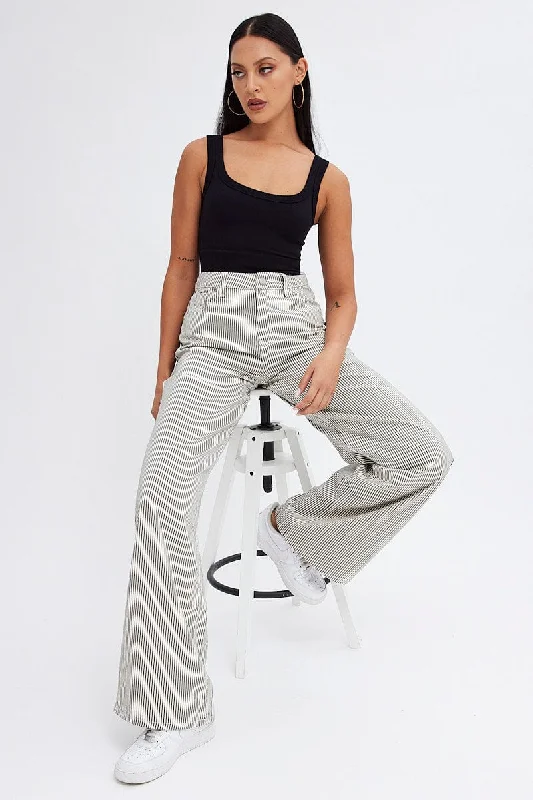 Special Occasion Wear Grey Stripe Wide Leg Jeans High Rise