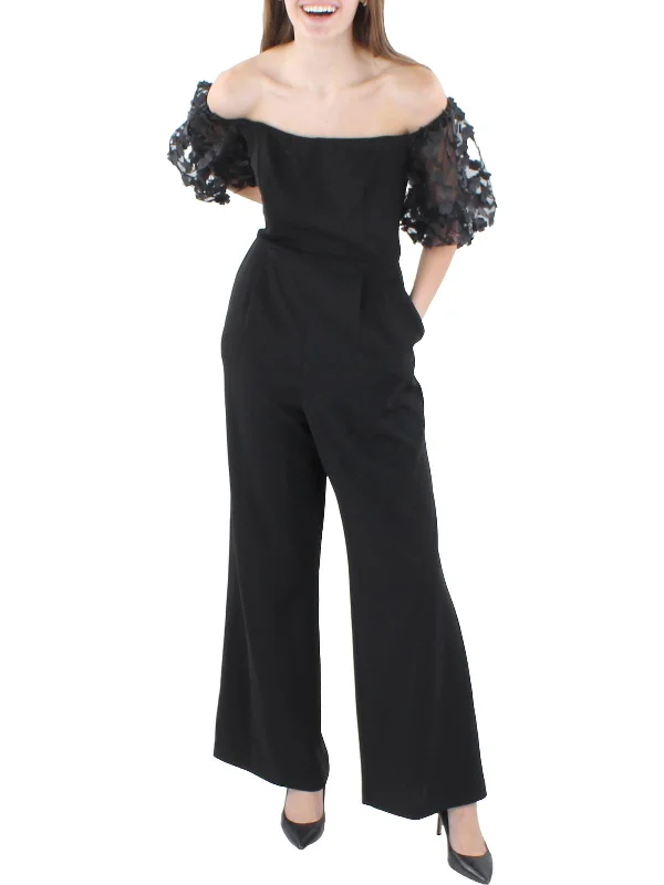 Durable Fashion Picks Petites Womens Floral Applique Off-The-Shoulder Jumpsuit