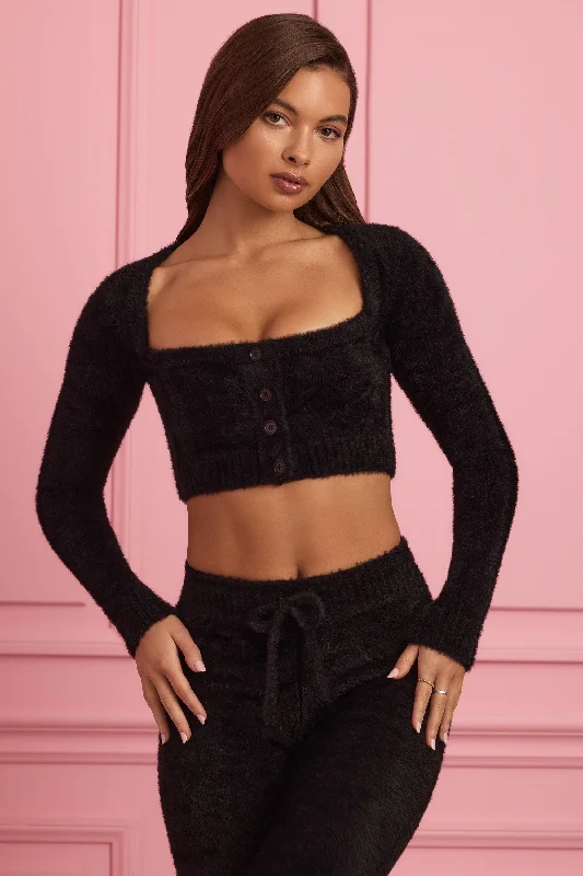 Urban Femme Streetwear Fluffy Knit Cropped Cardigan in Black