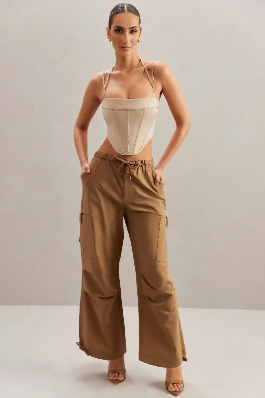 Dreamy Aesthetic Wide Leg Cargo Trousers in Tan