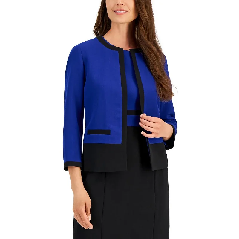 Break Fashion Norms Petites Womens Open Front Contrast Trim Collarless Blazer