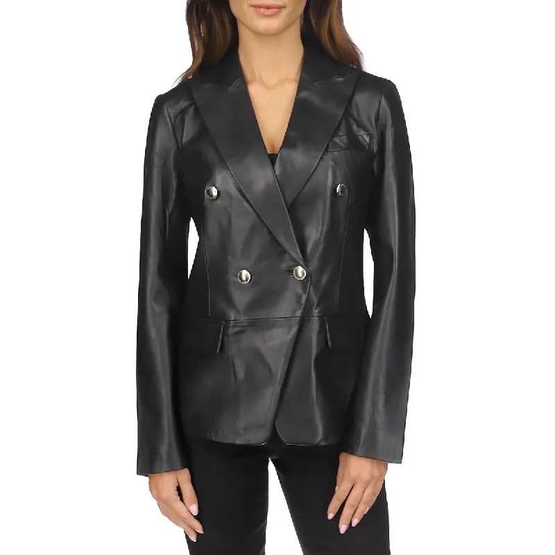 Elegant Attire Womens Lambskin Leather Trendy Double-Breasted Blazer