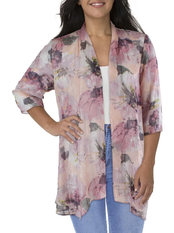 Budget Saver Plus Womens Chiffon Floral Duster Blazer