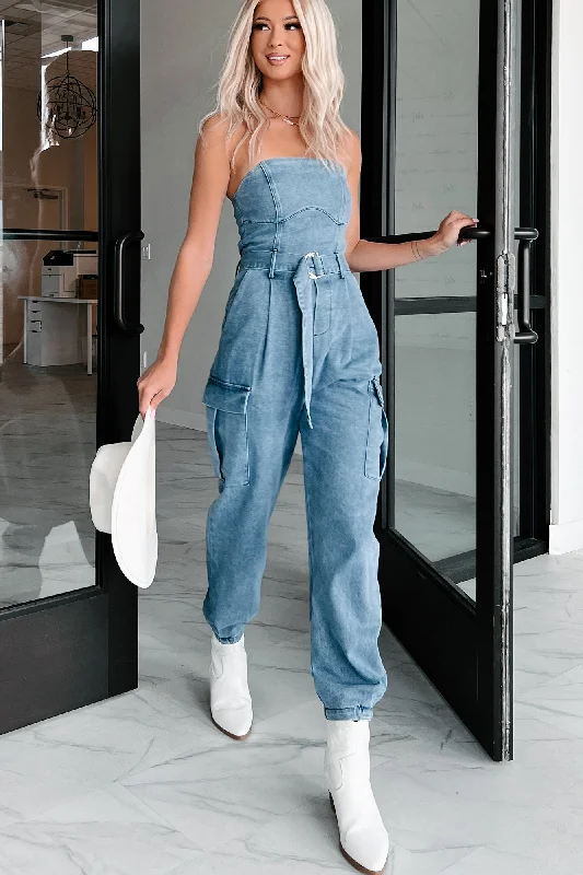 Stay Ahead In Style Ignite Your Passion Denim Cargo Jumpsuit (Denim)