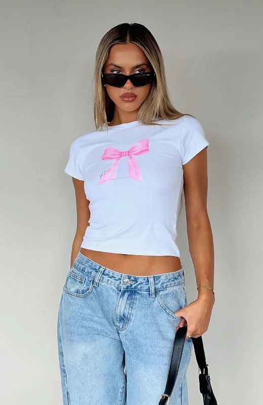 Women's Urban Fashion Bow On Top Baby Tee White