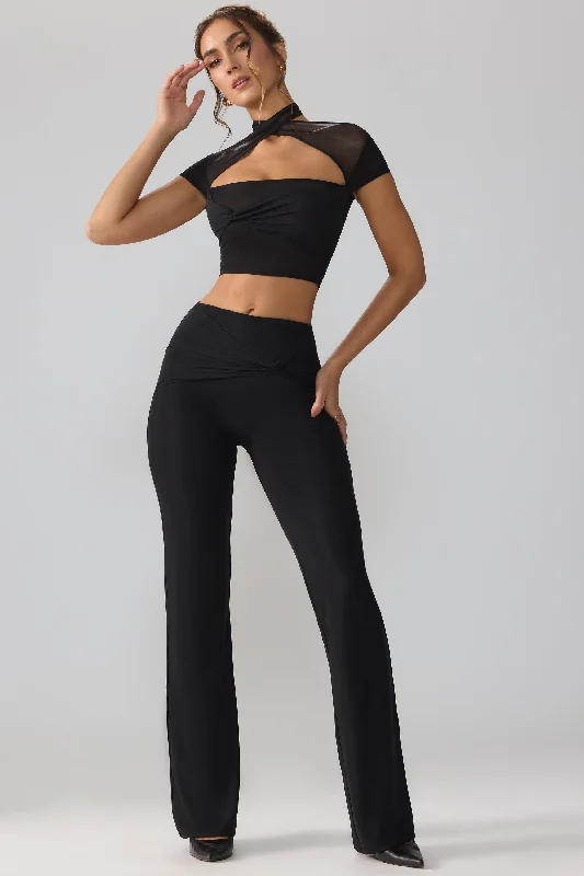 Minimalist Elegant Mesh Mid Rise Twist Overlay Flare Trousers in Black