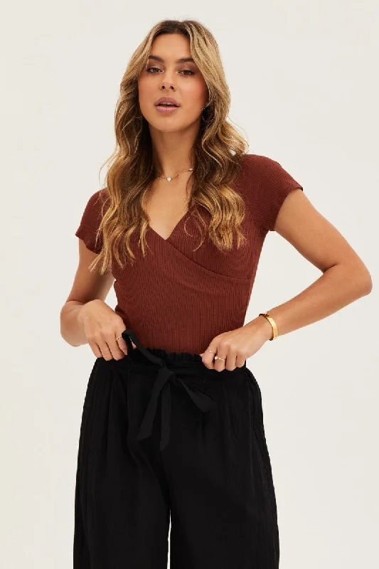 Trendsetter's Closet Brown Off Shoulder Rib Bodysuit