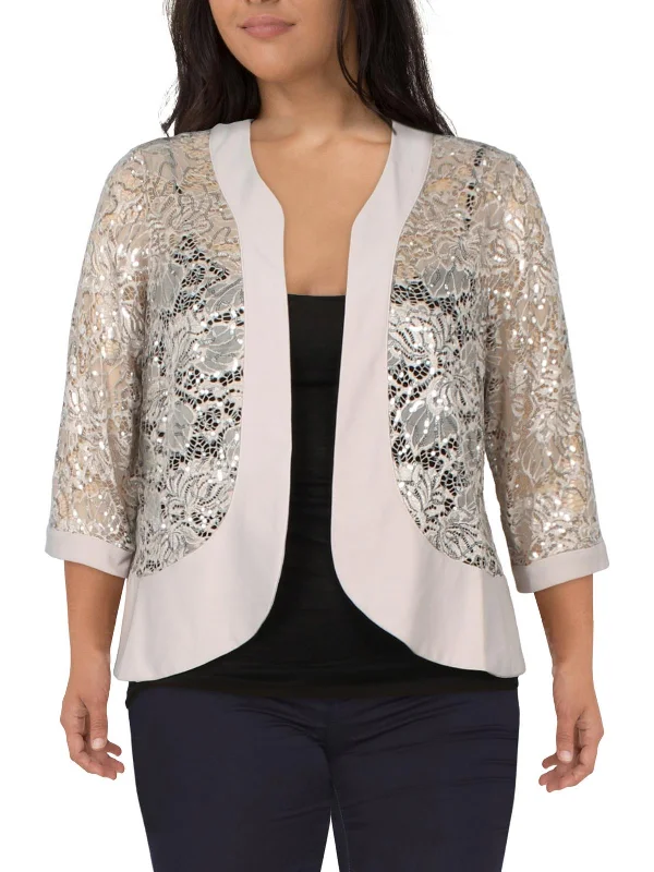 Limited Time Special Offer Plus Womens Lace Sequined Open-Front Blazer