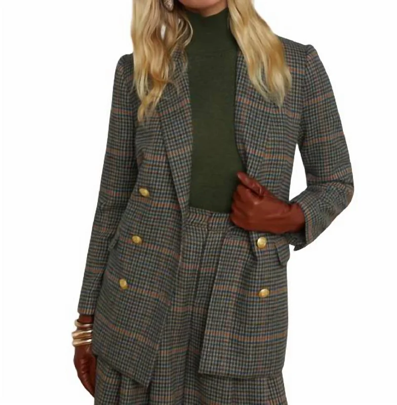 Trend Alert Aimee Relaxed Double Breasted Breast Blazer In Tan/teal Plaid