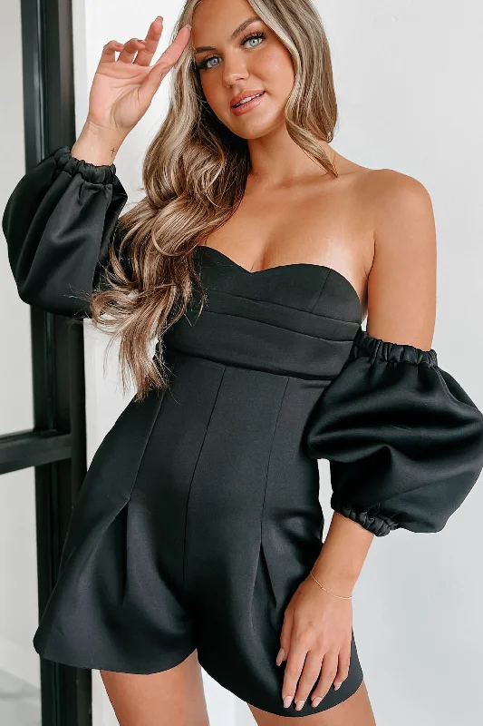 End Of Season Clearance Stealing The Attention Off The Shoulder Detachable Sleeve Romper (Black)