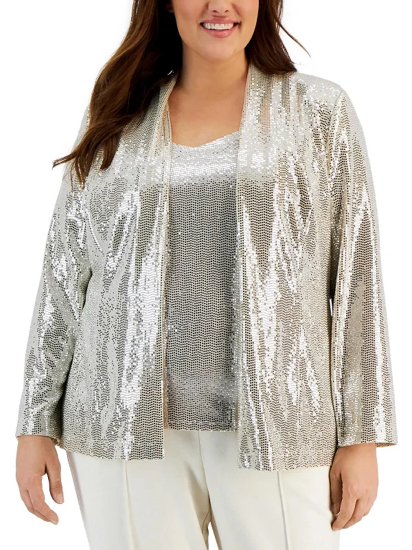 Hot Sale Plus Womens Metallic Dressy Open-Front Blazer