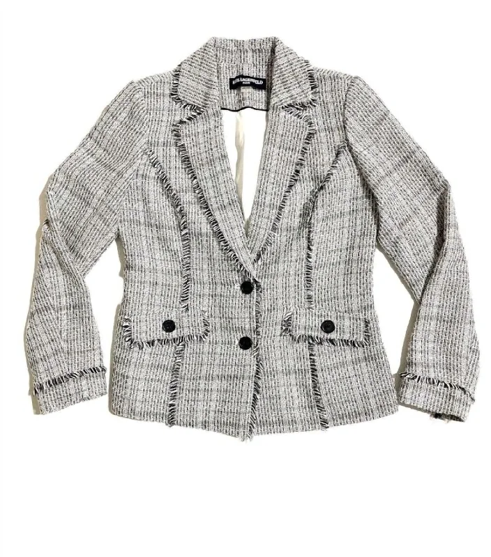 Top Deals Women's Bell Button Tweed Fringe Blazer In White, Black