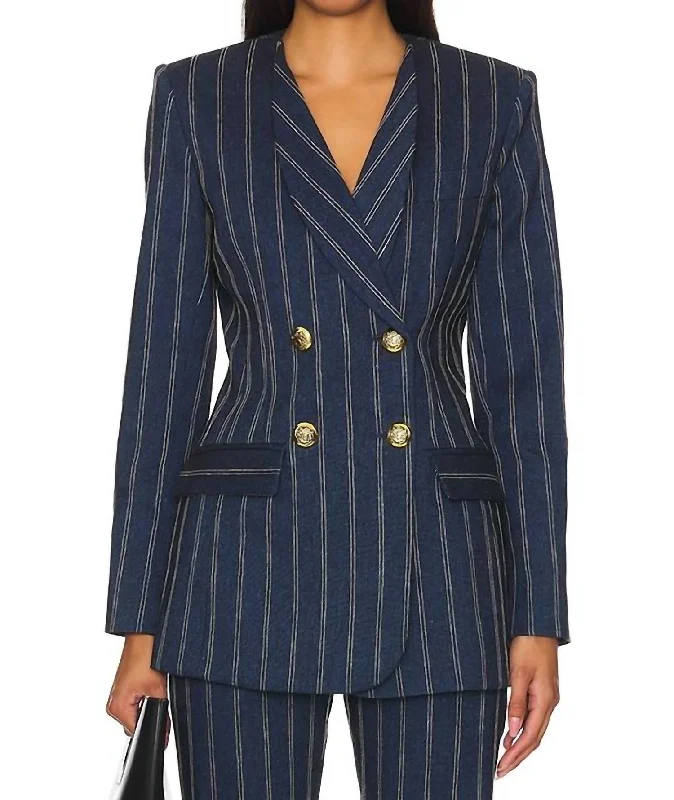 Limited Time Offer Pinstripe Double Breasted Blazer In Navy