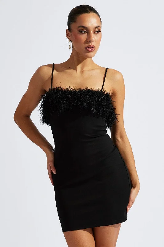 Fashion Forward Black Faux Feather Trim Bodycon Strappy Mini Dress