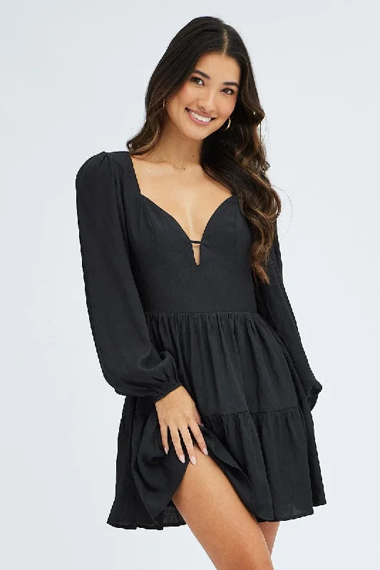 Trendy Pulse Black Fit And Flare Dress Long Sleeve Mini