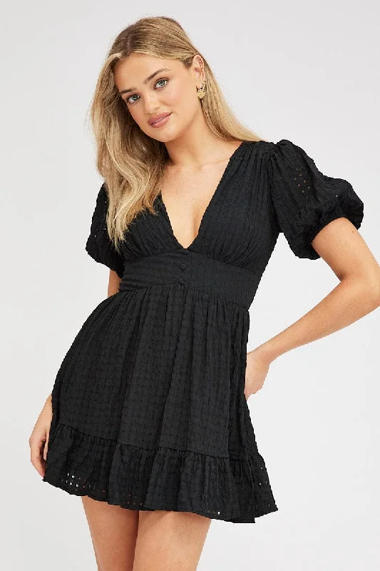 Elegant Details Black Fit And Flare Dress Puff Sleeve Mini