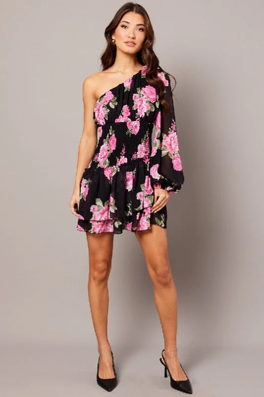 Fashion Forward, Function First Black Floral One Shoulder Balloon Sleeve Layered Skater Dress