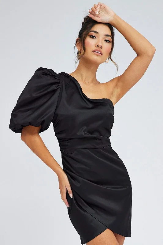 Limited Time Flash Sale Black One Shoulder Puff Sleeve Statement Dress