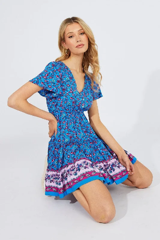 Special Offer For You Blue Boho Fit And Flare Dress V-neck Mini